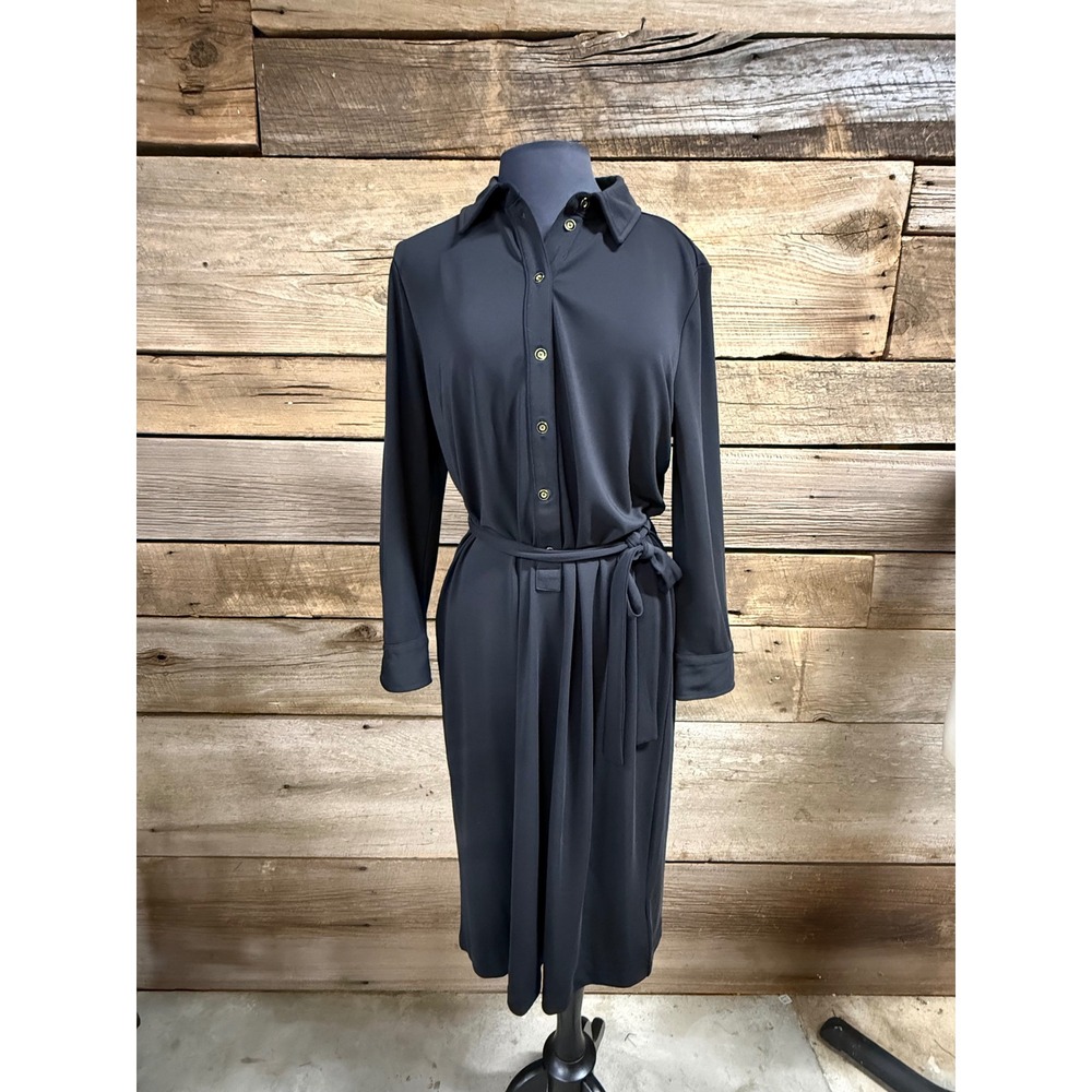 Talbots Womens XL Black Long Sleeve Button Front Belted Midi Shirt Dress NWT